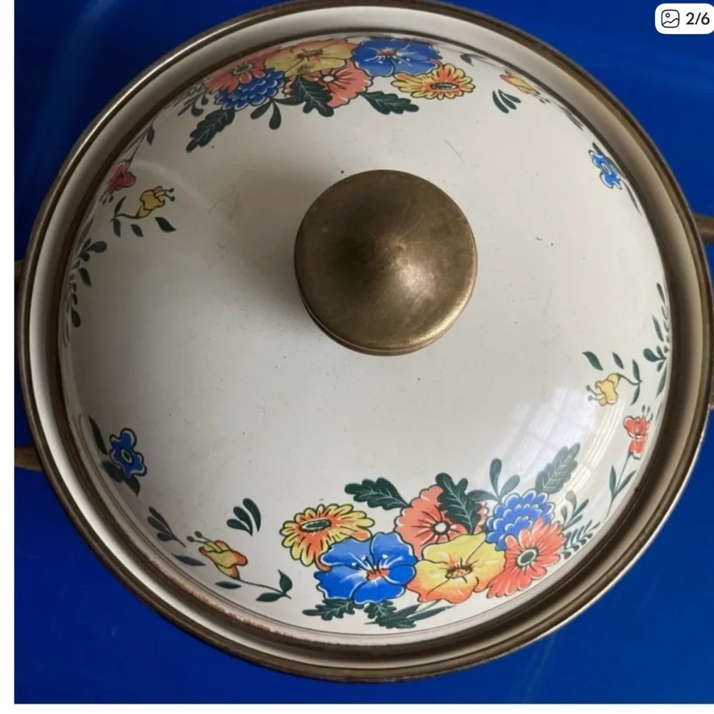 Vintage M. Kamenstien Enamelware Smaller Casserole-Dutch Oven Pot Brass Handles